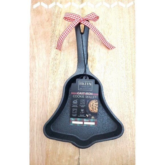 Jingle Bell Mini Cast Iron Skillet Brooklyn Steel with Gingham Bow - Picture 1 of 4